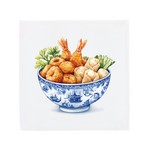 Tempura snacks on a Delft Blue ceramic tile without corner ornaments