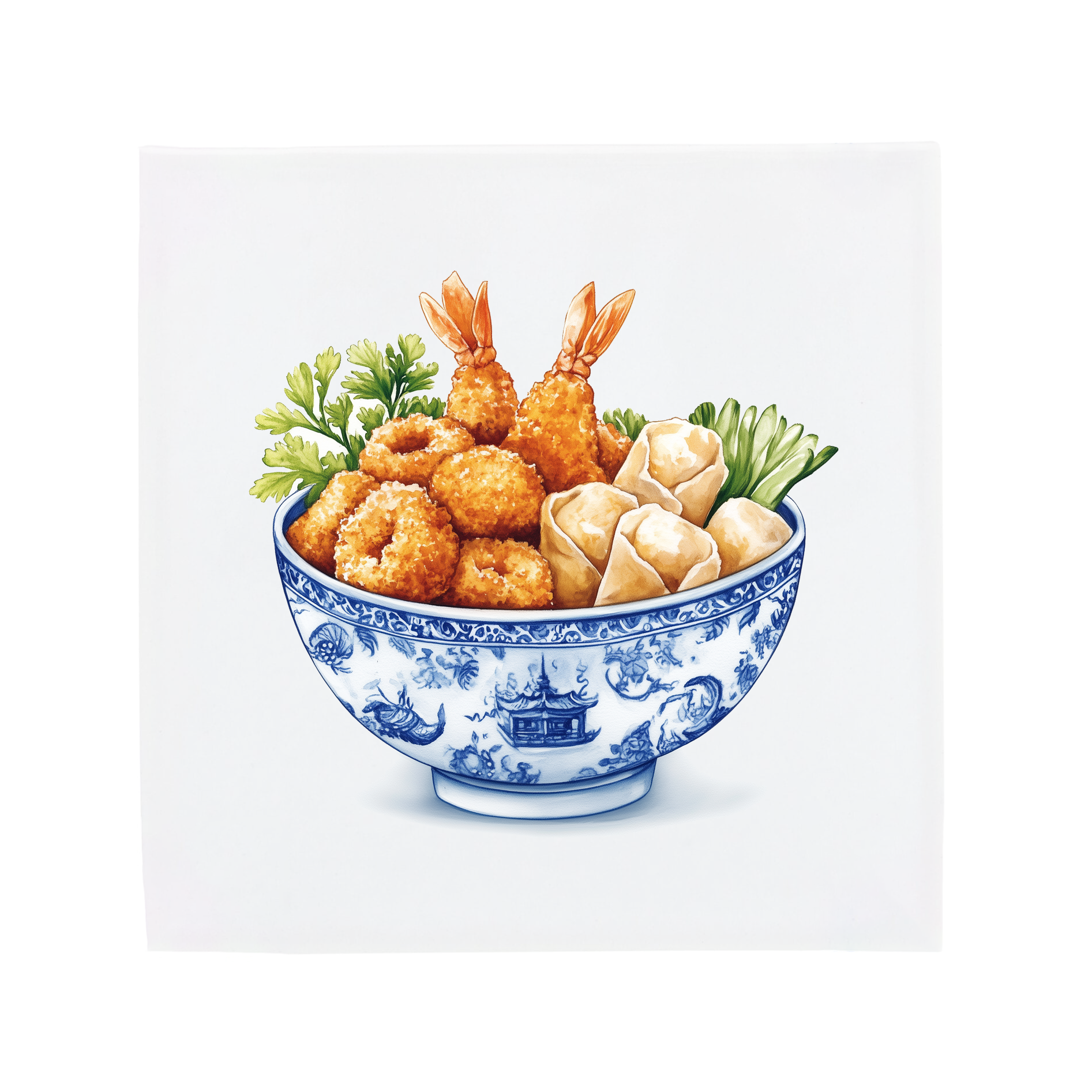 Tempura snacks on a Delft Blue ceramic tile without corner ornaments
