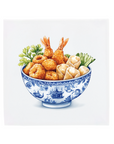 Tempura snacks on a Delft Blue ceramic tile without corner ornaments
