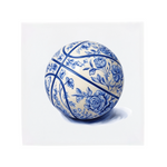 A basketball on a Delft Blue ceramic tile without corner ornaments
