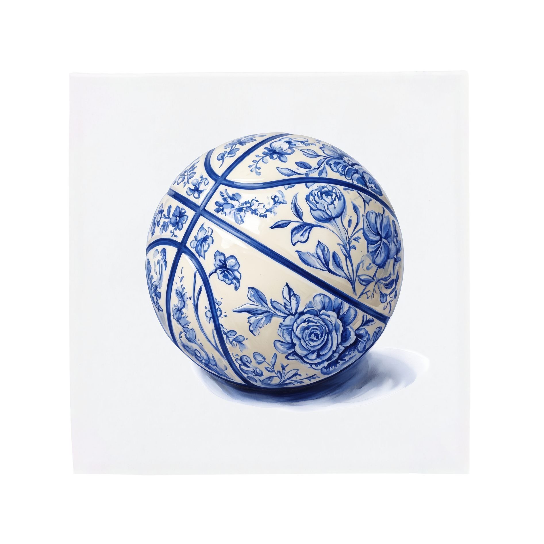 A basketball on a Delft Blue ceramic tile without corner ornaments