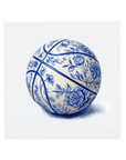A basketball on a Delft Blue ceramic tile without corner ornaments