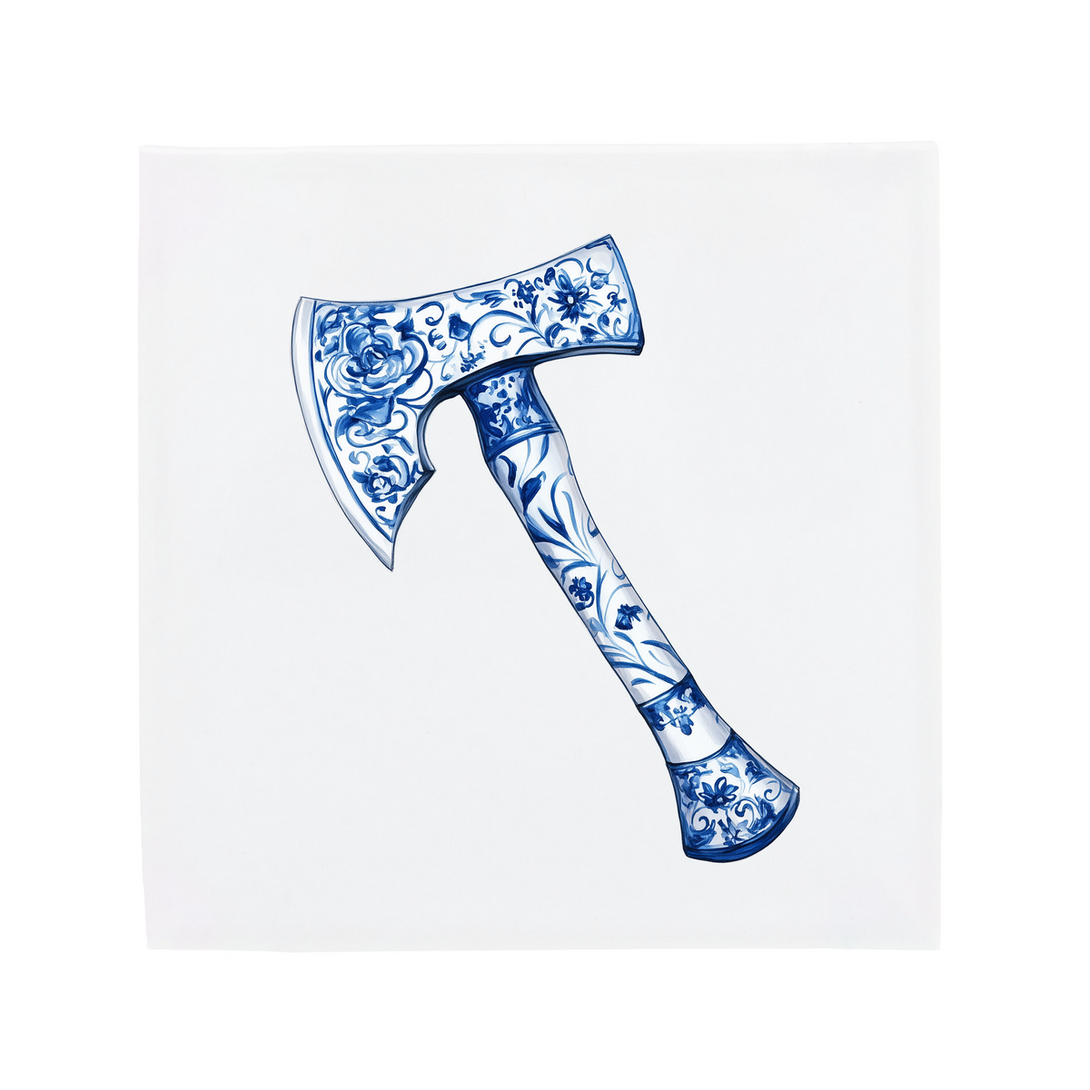 An axe on a Delft Blue ceramic tile without corner ornaments