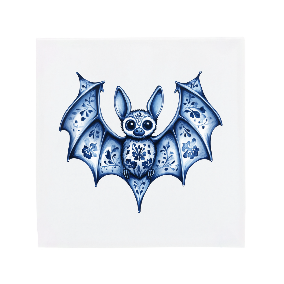 A little bat on a Delft Blue ceramic tile without corner ornaments