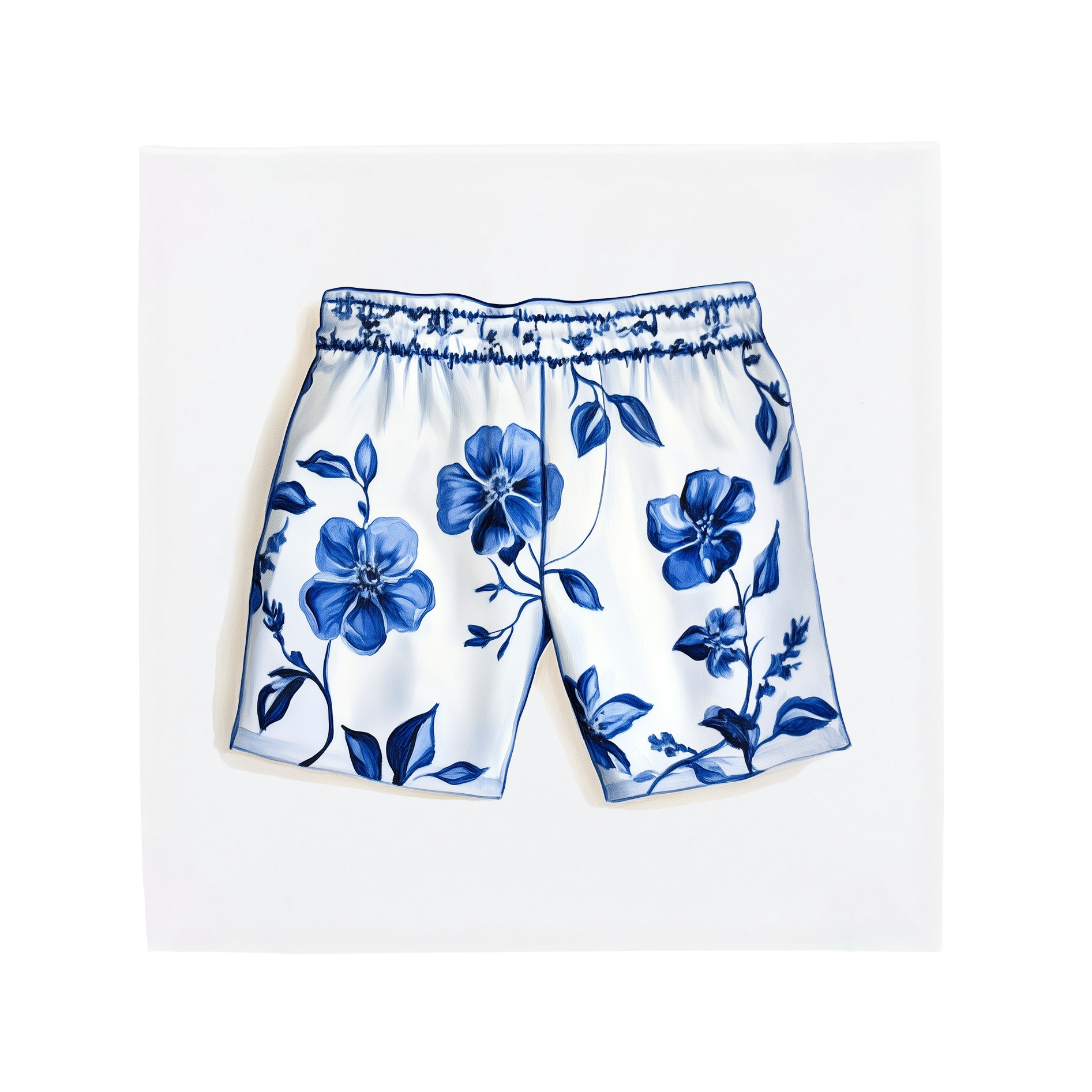 A pair of boxer shorts on a Delft Blue ceramic tile without corner ornaments
