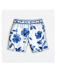 A pair of boxer shorts on a Delft Blue ceramic tile without corner ornaments