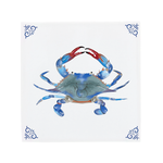 A colourful blue crab illustration by Corinne Alexander on a handmade ceramic tile