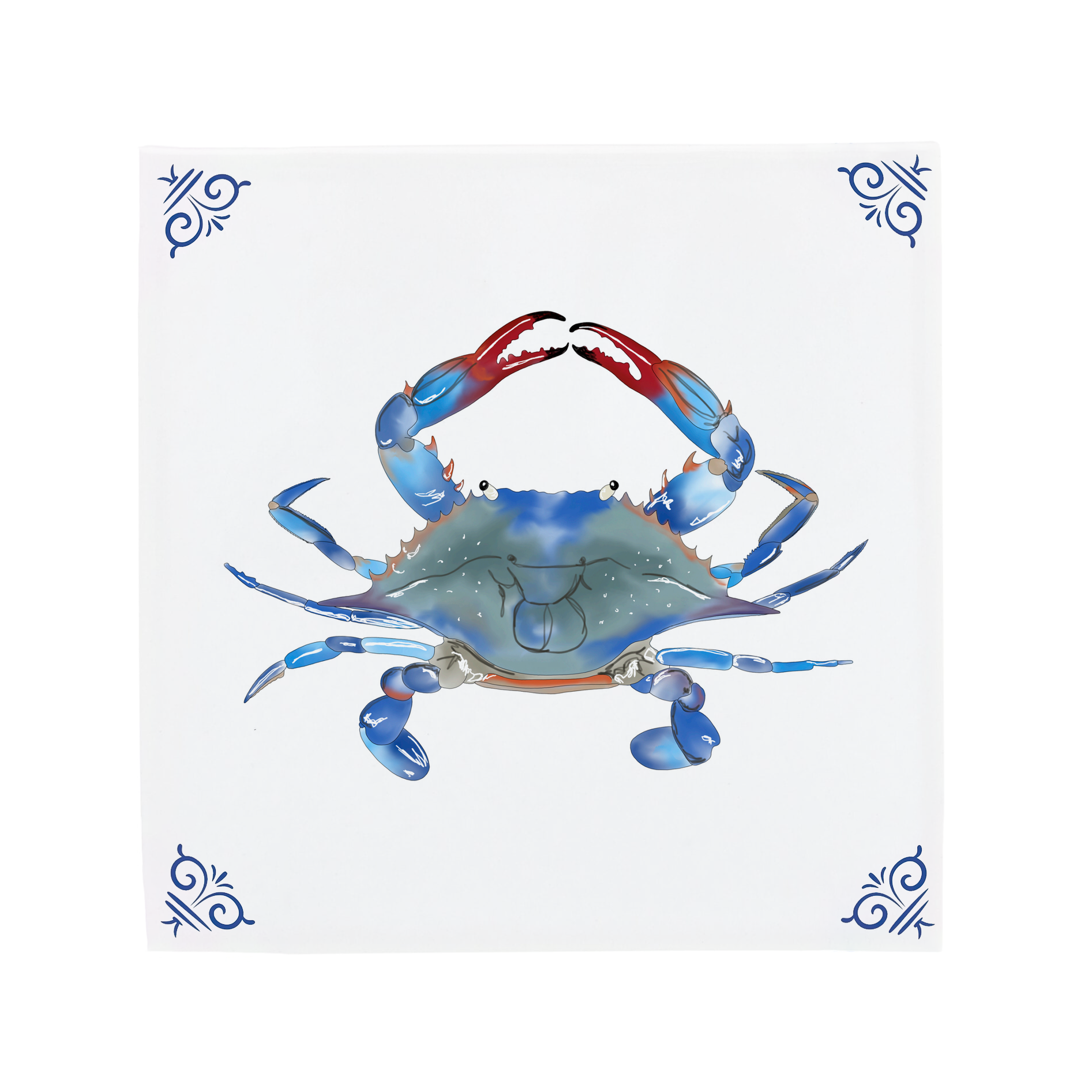A colourful blue crab illustration by Corinne Alexander on a handmade ceramic tile