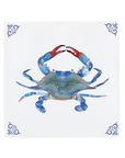 A colourful blue crab illustration by Corinne Alexander on a handmade ceramic tile