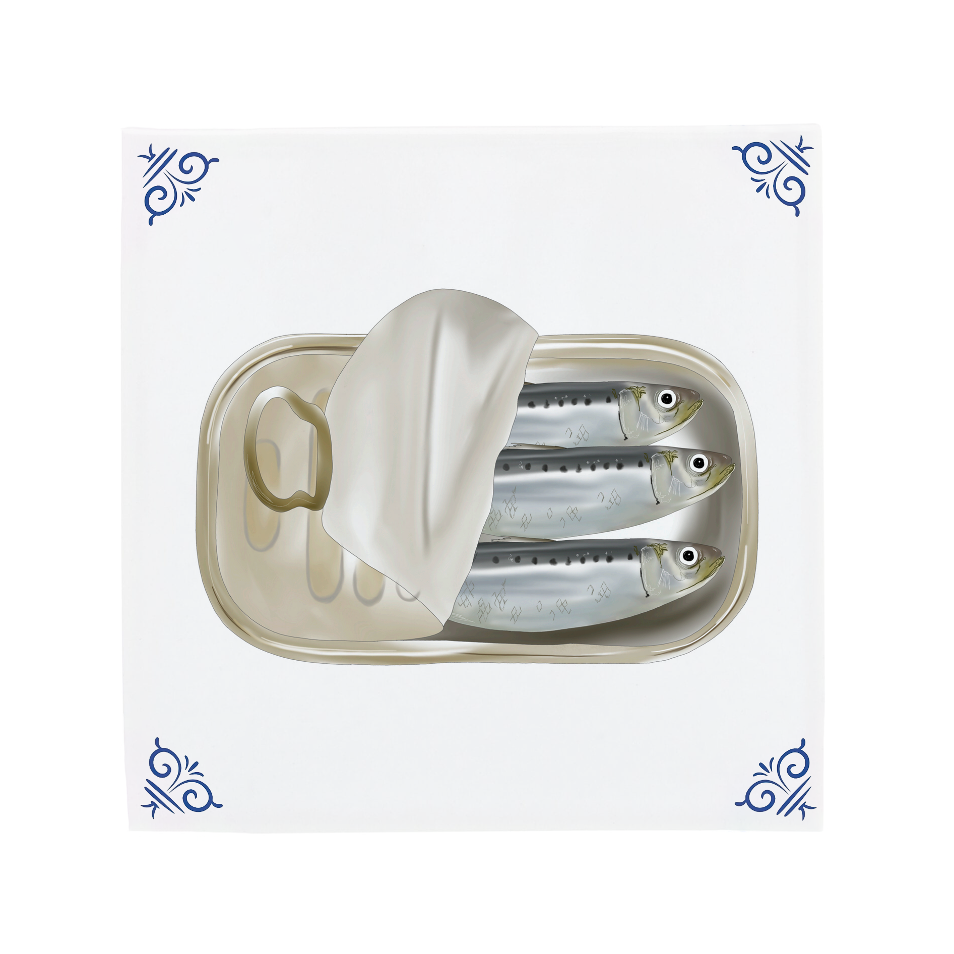 A retro tin of sardines illustration by Corinne Alexander on a handmade ceramic tile