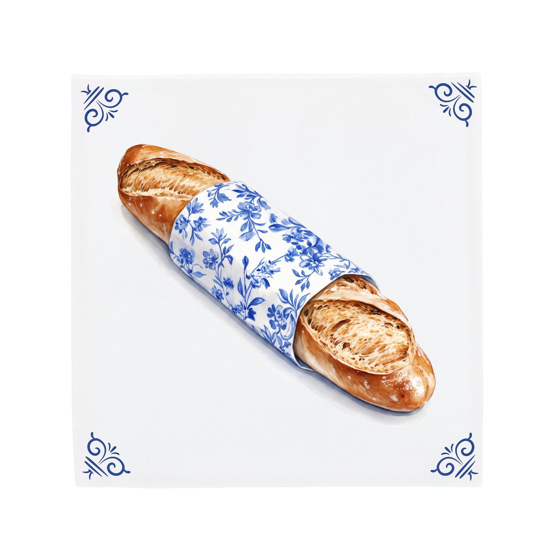 A French baguette on a Delft Blue ceramic tile with decorative corner ornaments