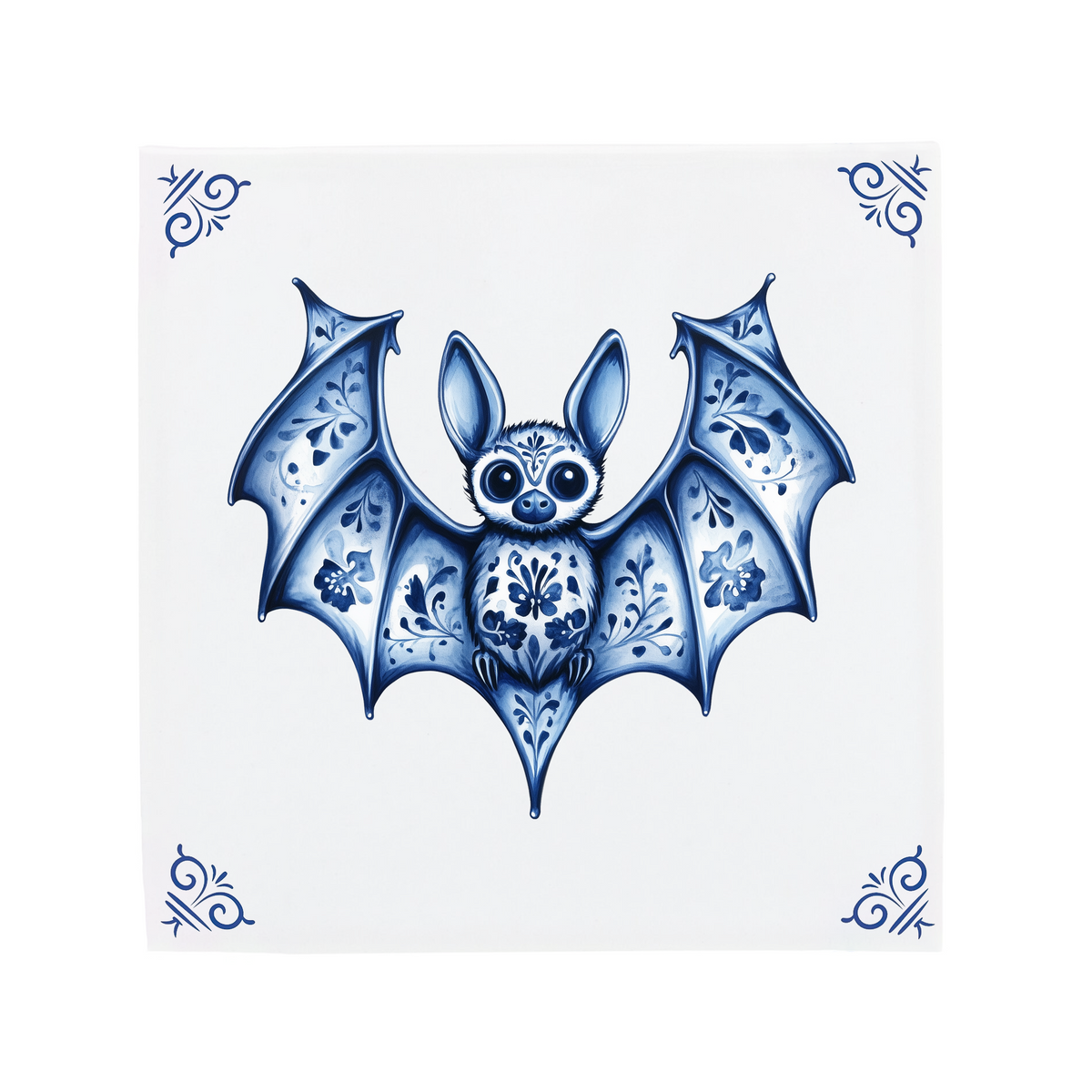 A little bat on a Delft Blue ceramic tile with decorative corner ornaments