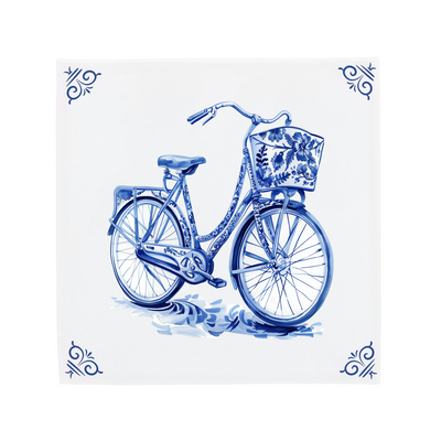 Delfts Blauwe keramische tegel met een fiets en de herkenbare The Dutch Tile hoekornamenten, een moderne twist op de klassieke Hollandse tegel.