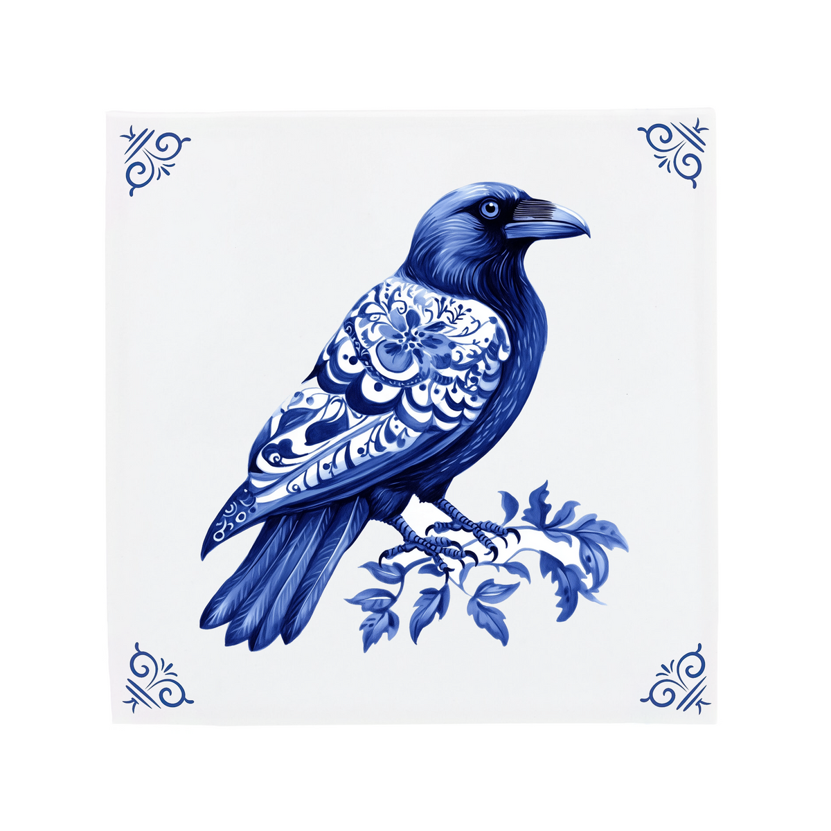 A raven on a Delft Blue ceramic tile with decorative corner ornaments