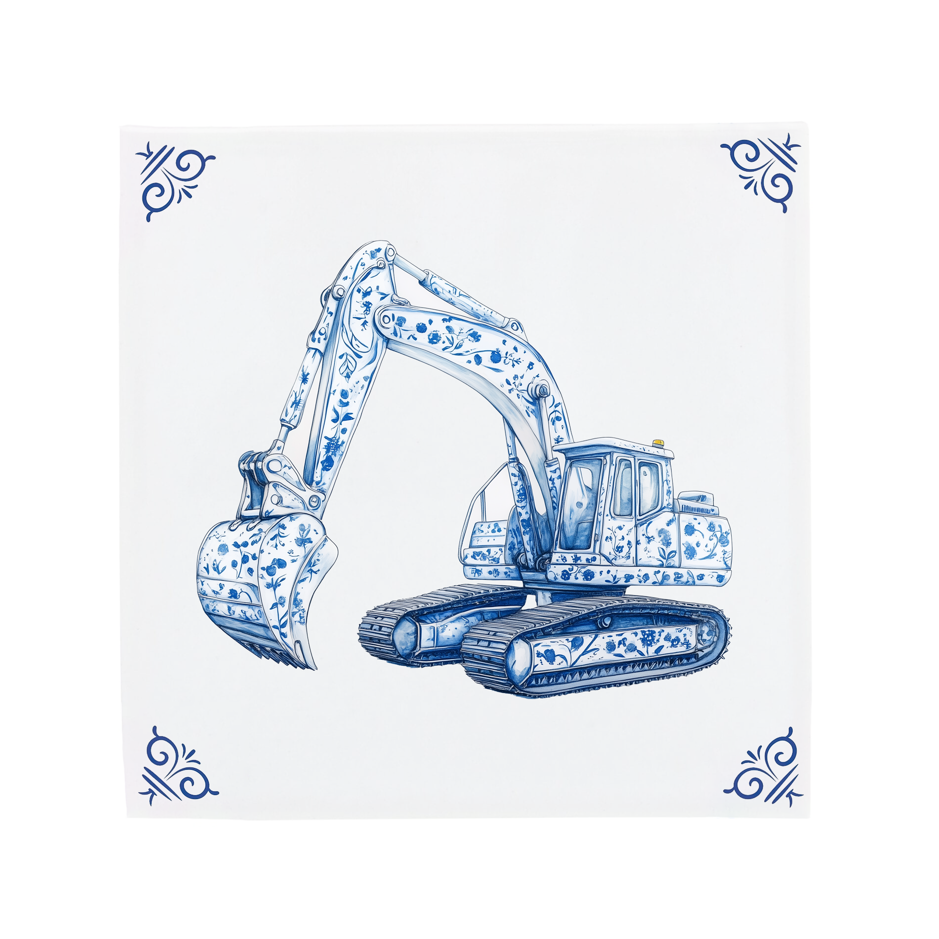 An excavator on a Delft Blue ceramic tile with decorative corner ornaments