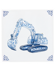 An excavator on a Delft Blue ceramic tile with decorative corner ornaments