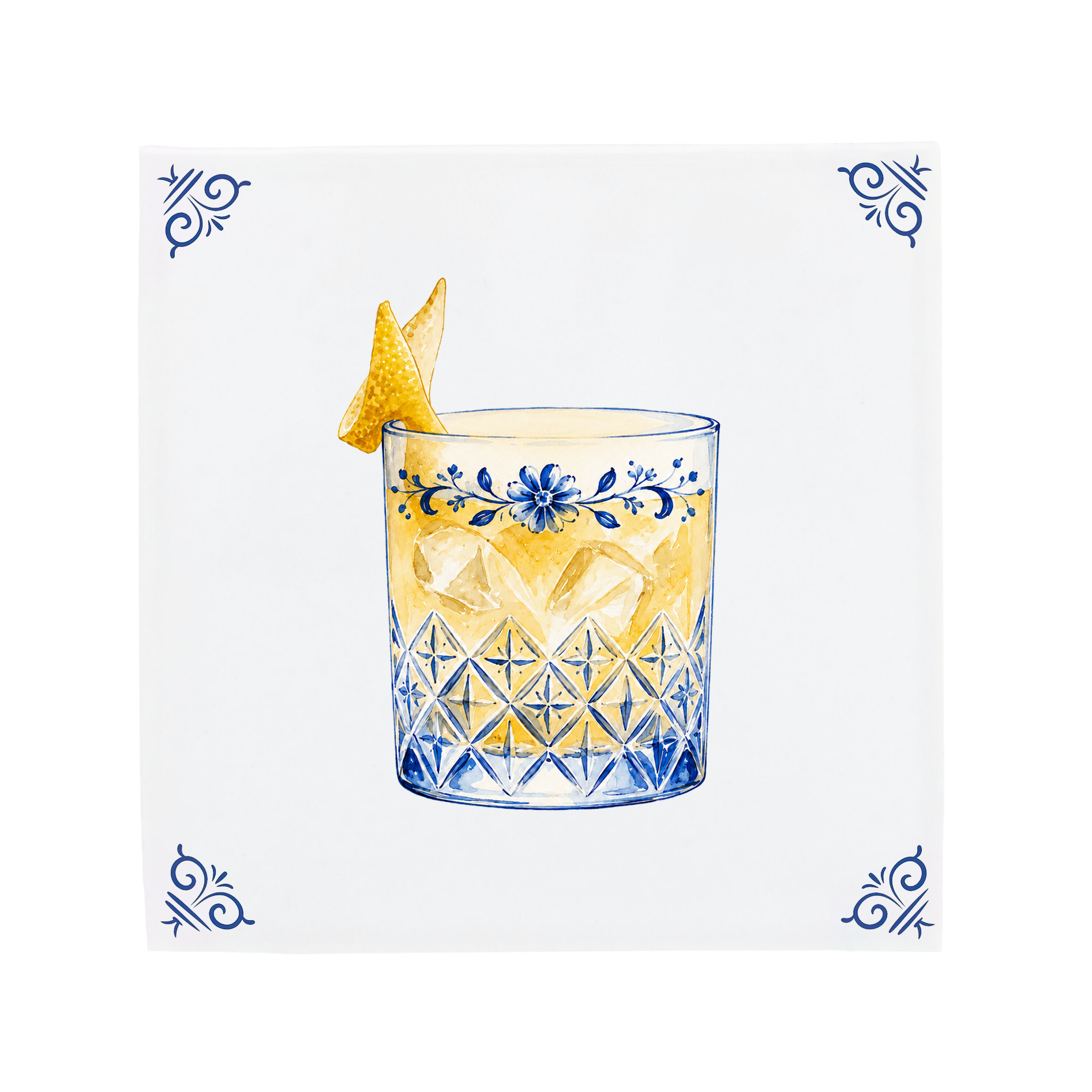 An amaretto sour cocktail on a Delft Blue ceramic tile with decorative corner ornaments