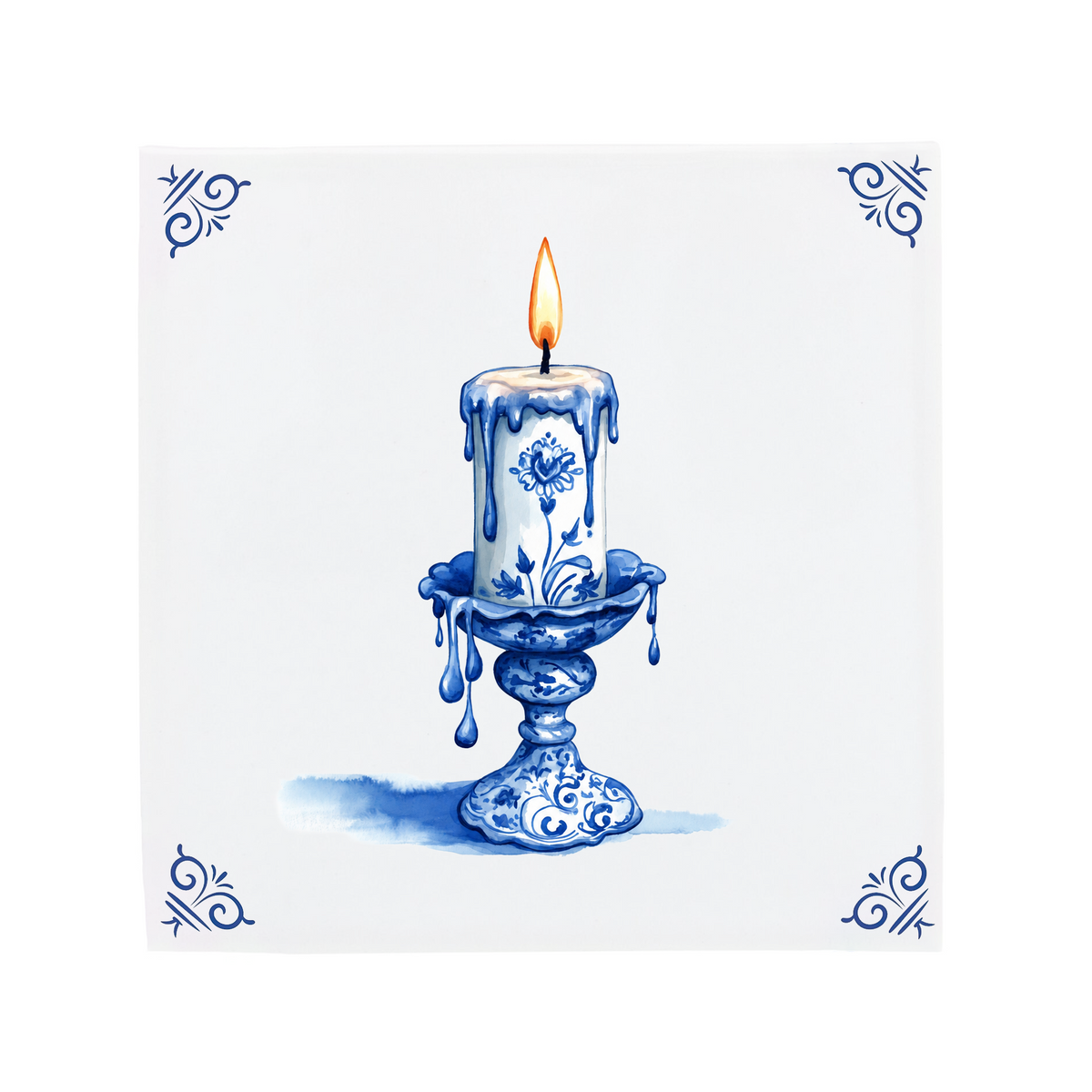 A lit candle on a Delft Blue ceramic tile with decorative corner ornaments