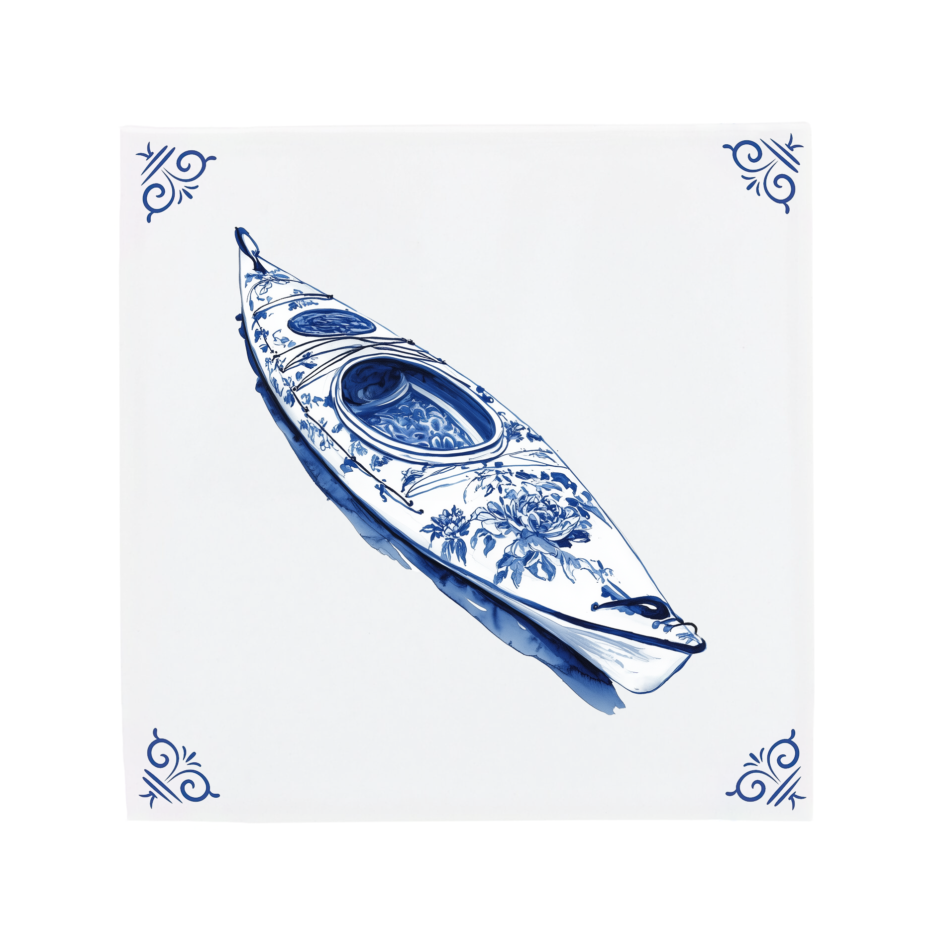 A kayak on a Delft Blue ceramic tile with decorative corner ornaments