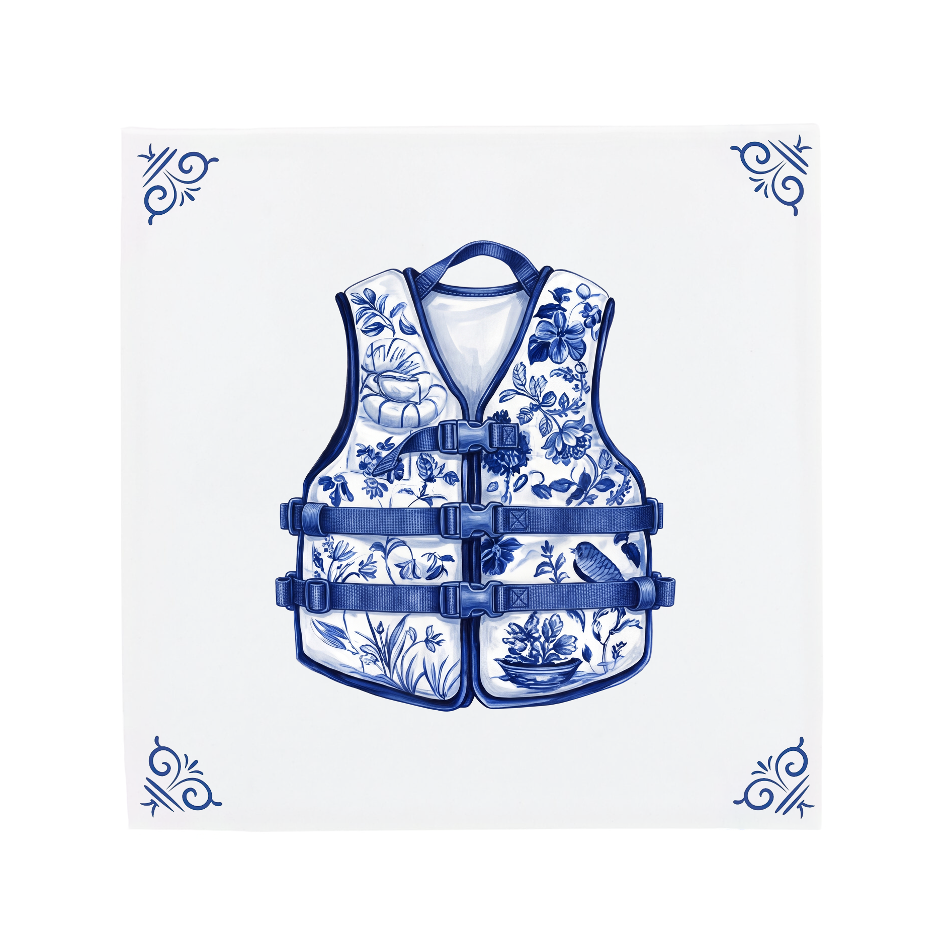 A life jacket on a Delft Blue ceramic tile with decorative corner ornaments