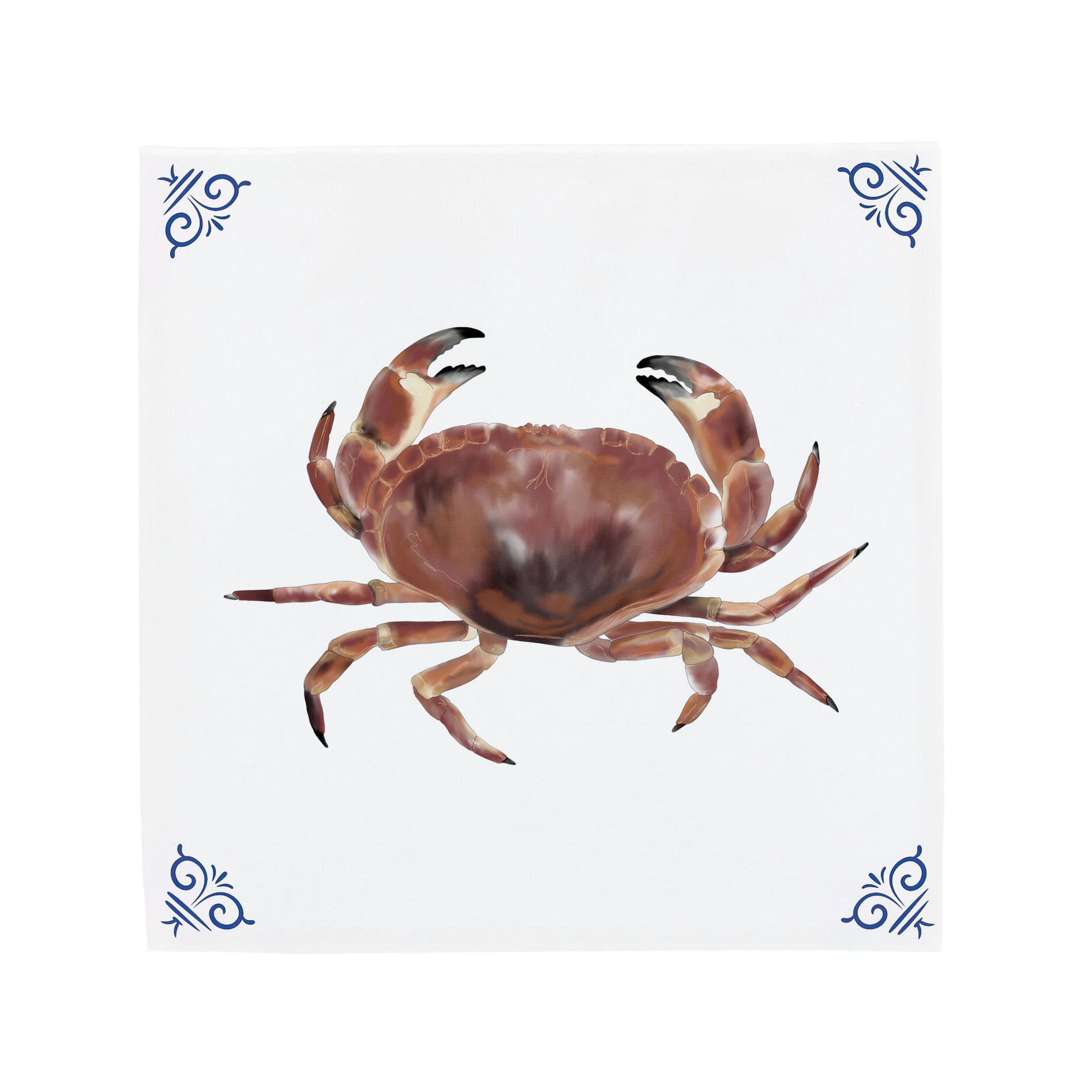A characterful colourful crab illustration by Corinne Alexander on a handmade ceramic tile