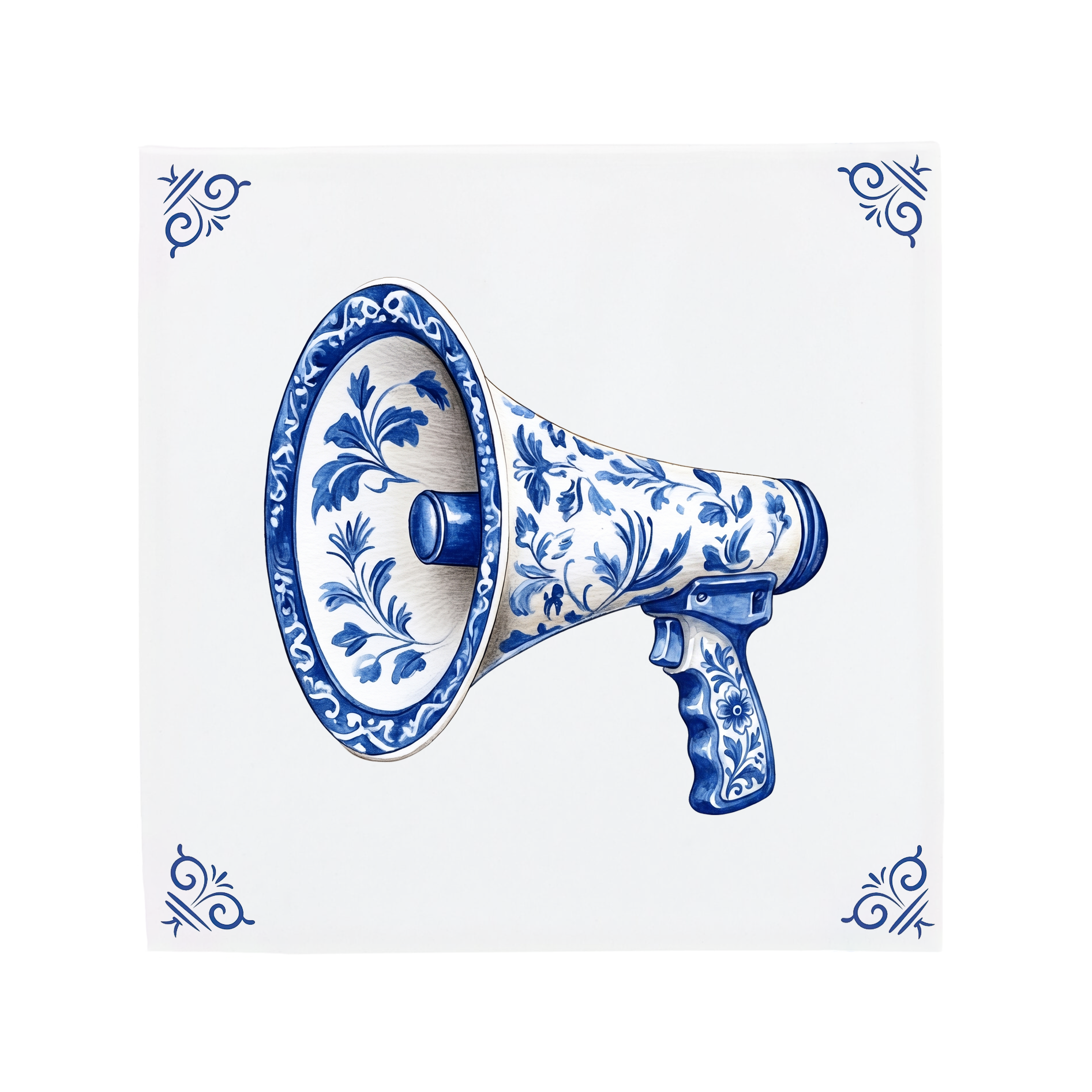A megaphone on a Delft Blue ceramic tile with decorative corner ornaments