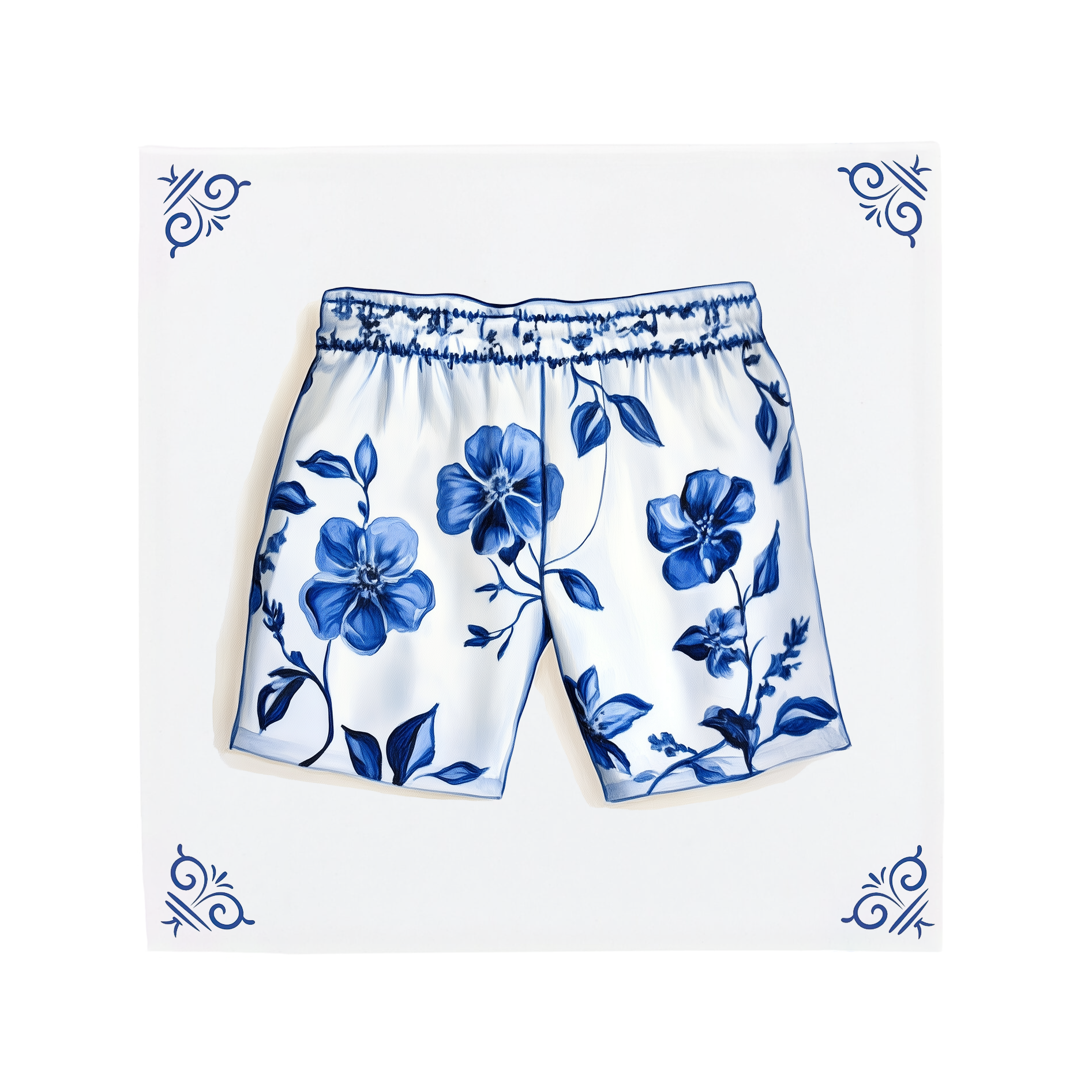A pair of boxer shorts on a Delft Blue ceramic tile with decorative corner ornaments