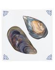 A colourful mussels illustration by Corinne Alexander on a handmade ceramic tile