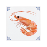 A vivid prawn illustration by Corinne Alexander on a handmade ceramic tile