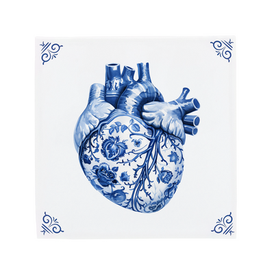Delfts Blauwe keramische tegel met een kloppend hart en de herkenbare The Dutch Tile hoekornamenten, een moderne twist op de klassieke Hollandse tegel.