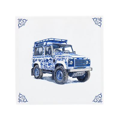 Delfts Blauwe keramische tegel met een klassieke Land Rover Defender en de herkenbare The Dutch Tile hoekornamenten, een moderne twist op de klassieke Hollandse tegel.