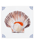 A colourful scallop shell illustration by Corinne Alexander on a handmade ceramic tile