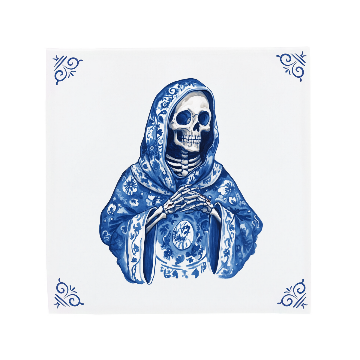 A grim reaper on a Delft Blue ceramic tile with decorative corner ornaments
