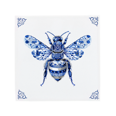 Delfts Blauwe keramische tegel met een bij en de herkenbare The Dutch Tile hoekornamenten, een moderne twist op de klassieke Hollandse tegel.
