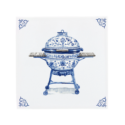Delfts Blauwe keramische tegel met een barbecue en de herkenbare The Dutch Tile hoekornamenten, een moderne twist op de klassieke Hollandse tegel.