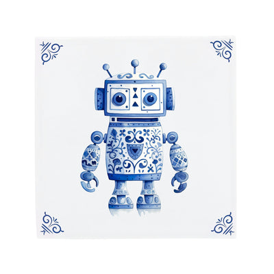 Delft Blue ceramic tile featuring a cute little robot with The Dutch Tile's signature corner ornaments, a modern twist on the classic Dutch tile.